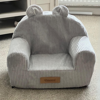 Personalized foam armchair for kids grey fabric corduroy