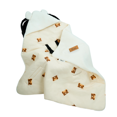 Otulacz do fotelika samochodowego i gondoli personalizowany kocyk niemowlęcy - misie + kremowy teddy