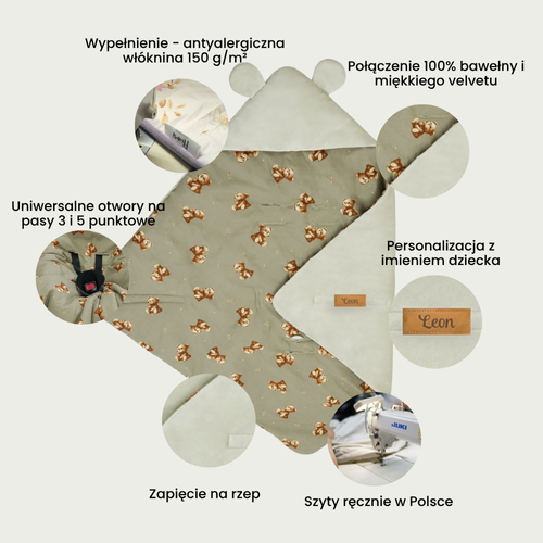 Otulacz do fotelika samochodowego i gondoli personalizowany kocyk niemowlęcy - leśne zwierzątka + butelkowa zieleń