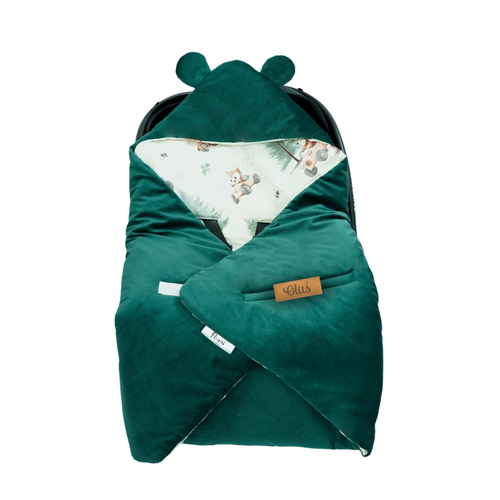 Otulacz do fotelika samochodowego i gondoli personalizowany kocyk niemowlęcy - leśne zwierzątka + butelkowa zieleń