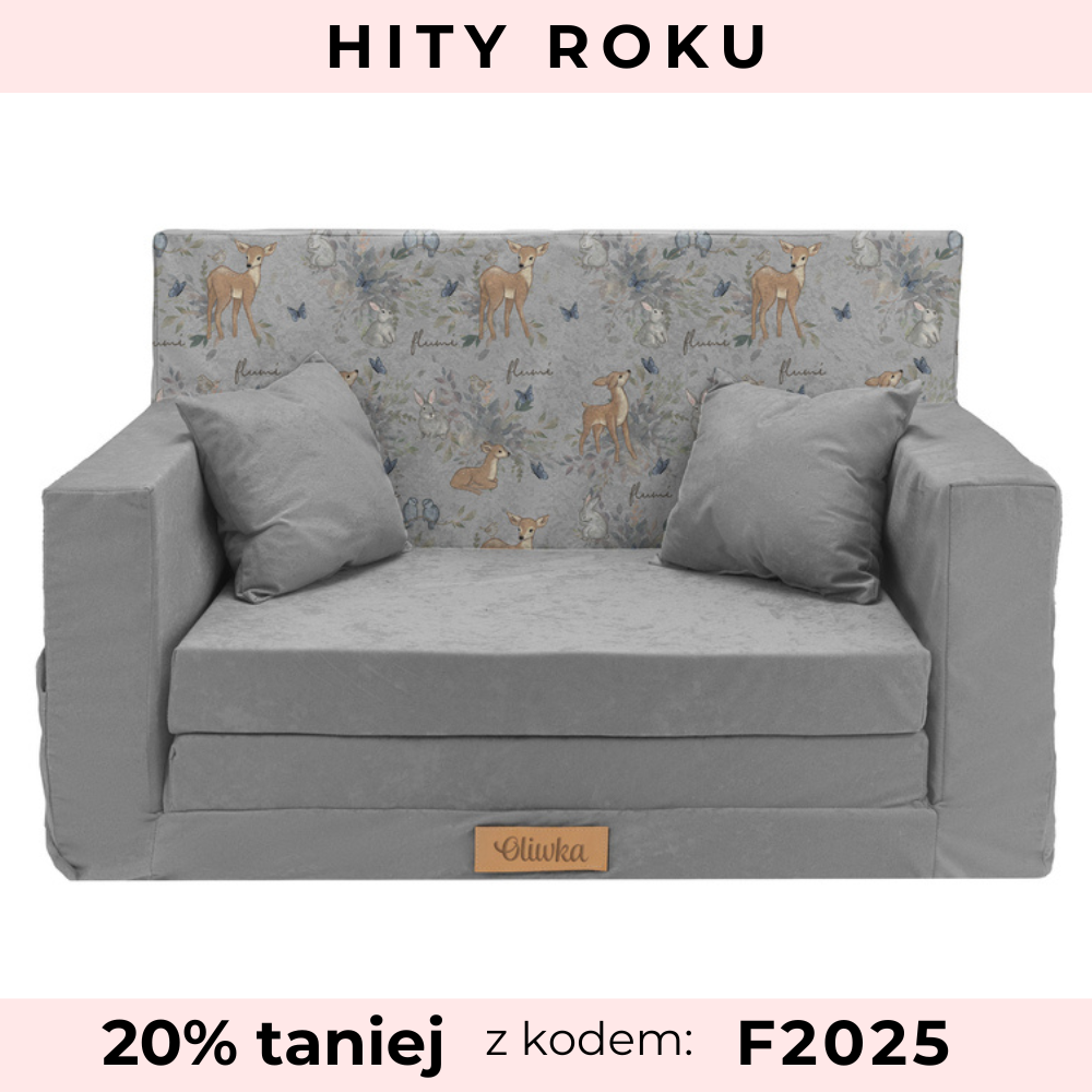 Rozkadana personalizowana sofa piankowa dziecica szara+sarenki