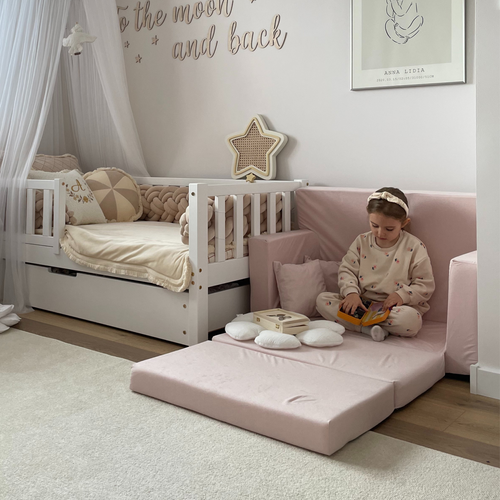 Rozkładana personalizowana sofa piankowa dziecięca pudrowy róż 