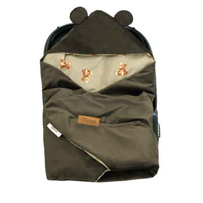 Otulacz do fotelika samochodowego i gondoli personalizowany kocyk niemowlęcy - misie + czekolada