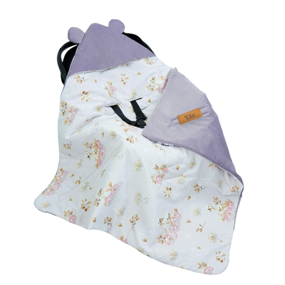 Otulacz do fotelika samochodowego i gondoli personalizowany kocyk niemowlęcy - łabędzie + róż