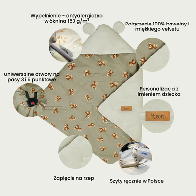 Otulacz do fotelika samochodowego i gondoli personalizowany kocyk niemowlęcy - szary