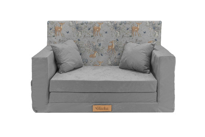 Rozkładana personalizowana sofa piankowa dziecięca szara+sarenki