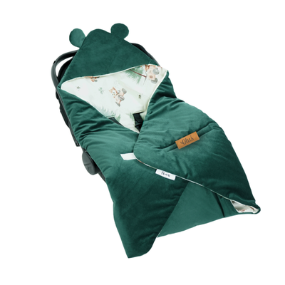 Otulacz do fotelika samochodowego i gondoli personalizowany kocyk niemowlęcy - leśne zwierzątka + butelkowa zieleń