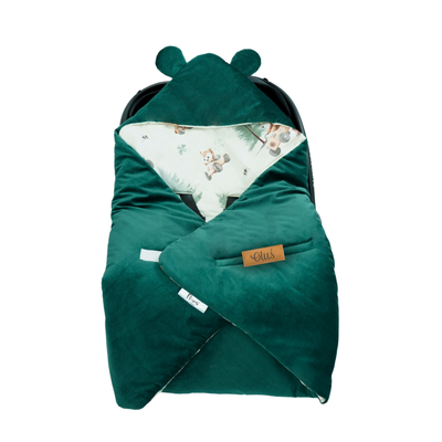 Otulacz do fotelika samochodowego i gondoli personalizowany kocyk niemowlęcy - leśne zwierzątka + butelkowa zieleń